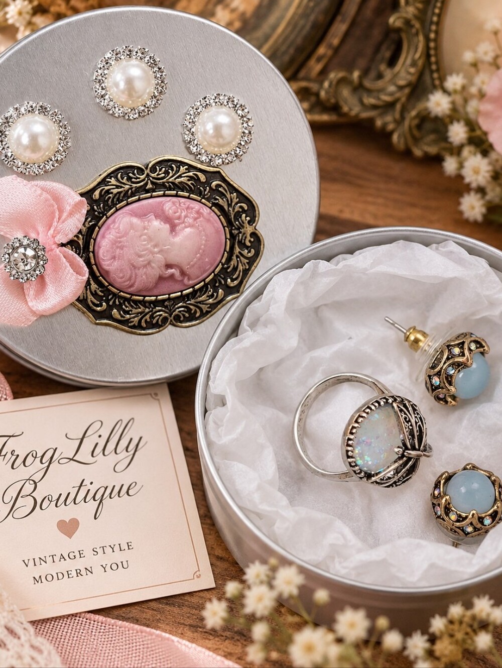 Opal Look Ring Size 8 Blue Cabochon Earrings Vintage Style Gift Set